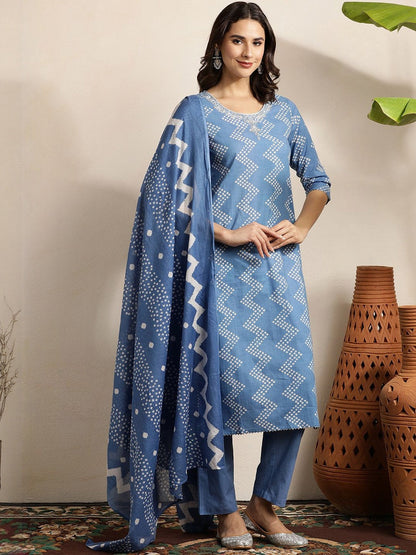 Bandhani Printed Beads And Stones Pure Cotton Kurta With Trousers & Dupatta