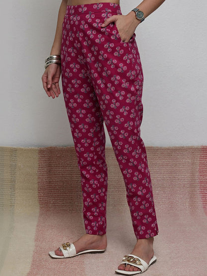 Red Floral Printed Cotton Straight Kurta Set