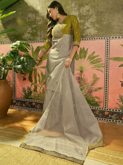 Embroidered Round Neck Kurta & Trousers with Dupatta