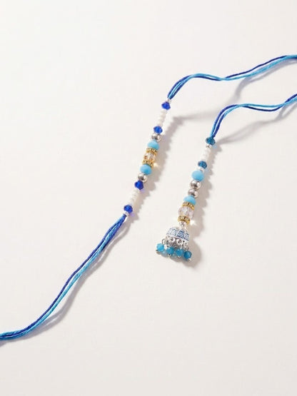 Dhiyona Set Of 2 Blue Artificial Beads Jhumka Design Bhaiya Bhabhi Rakhi With Roli Chawal