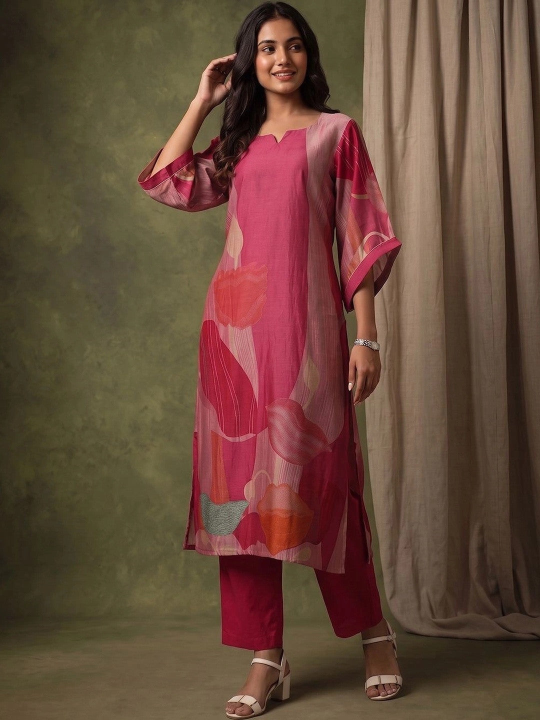 Women Printed Regular Chanderi Silk Kurta with Trousers