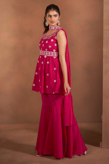 Dhiyona AN Floral Embroidered Thread Work Raw Silk Kurta With Sharara And Dupatta