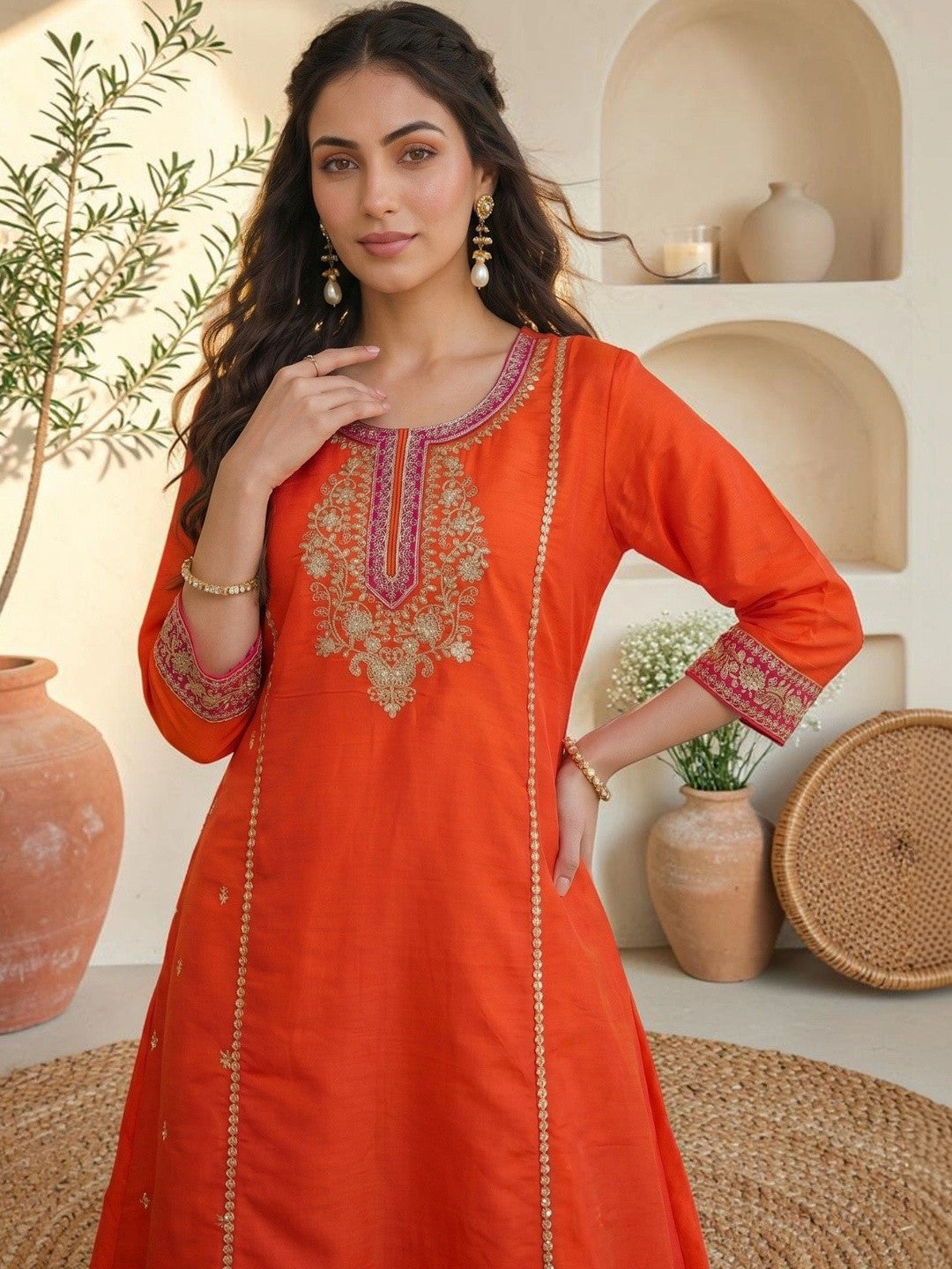 Women Ethnic Motifs Embroidered Regular Thread Work Kurta with Trousers & With Dupatta