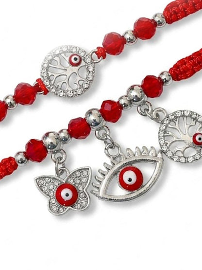 Dhiyona Set Of 2 Red & Silver Evil Eye Design Bhaiya Bhabhi Rakhi With Roli Chawal Chandan