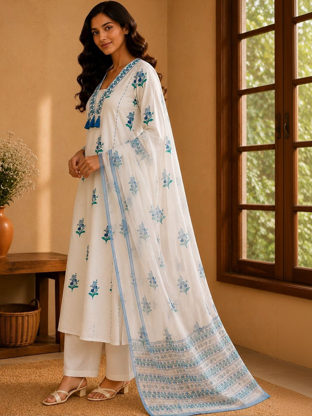 Women Floral Printed Regular Pure Cotton Kurta with Trousers & With Dupatta