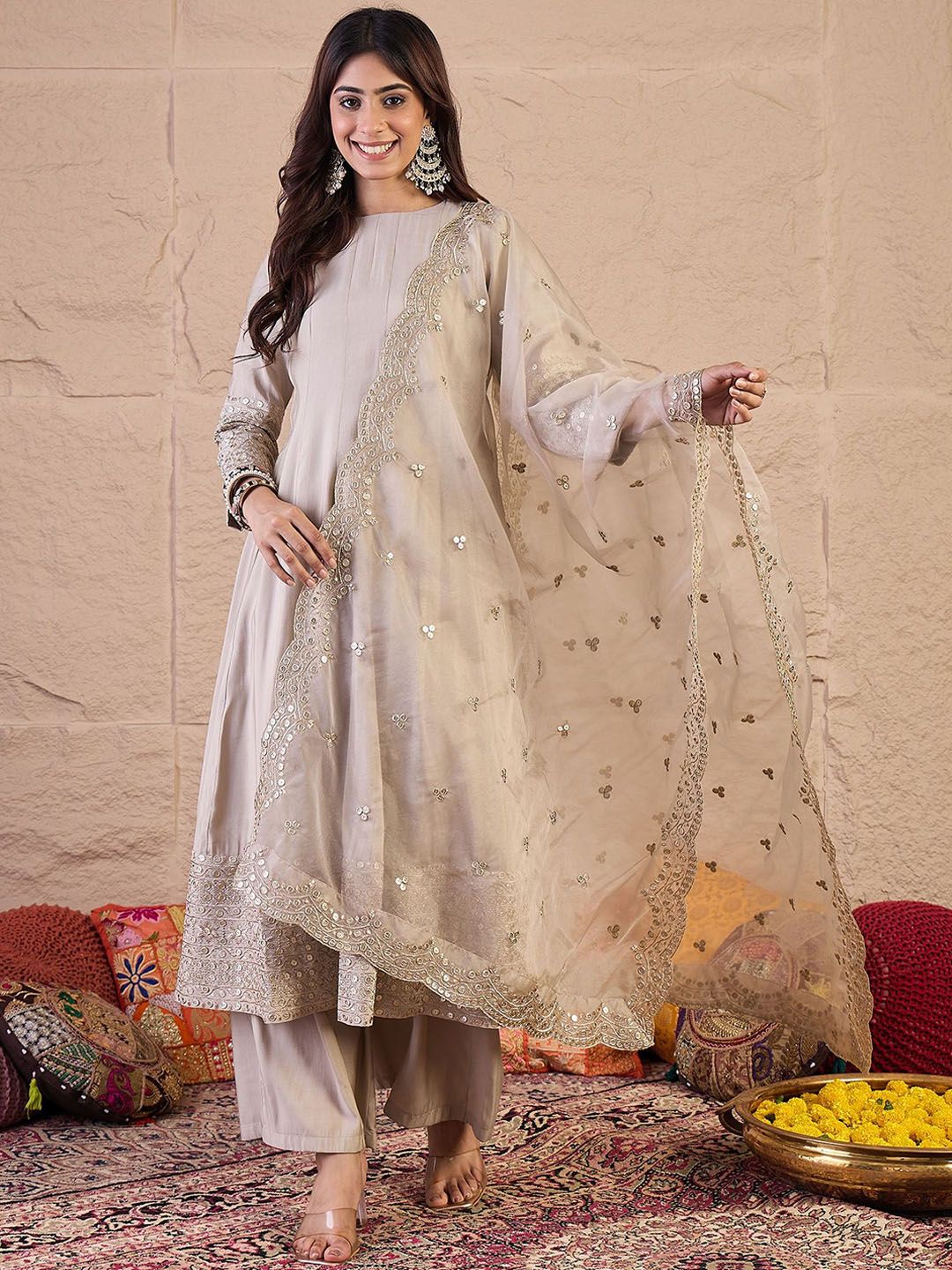 Dhiyona IN Women Floral Self Design Regular Sequinned Kurta with Palazzos & Dupatta