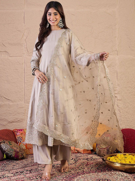 Dhiyona IN Women Floral Self Design Regular Sequinned Kurta with Palazzos & Dupatta