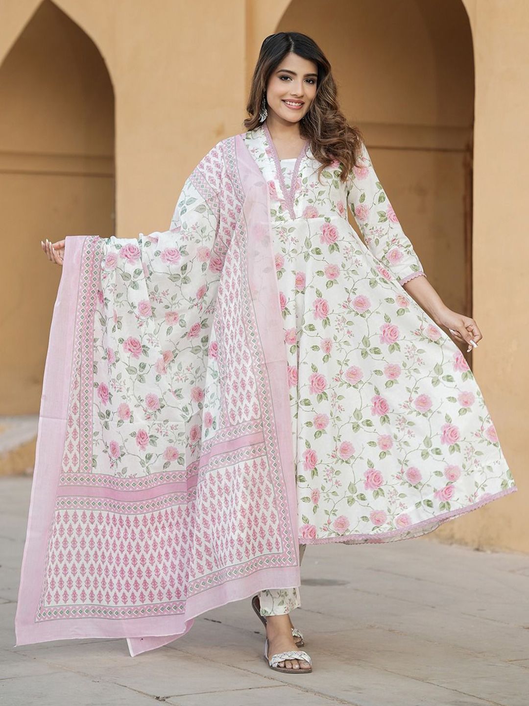 Dhiyona KL Floral Printed Pure Cotton Anarkali Kurta With Trouser And Dupatta