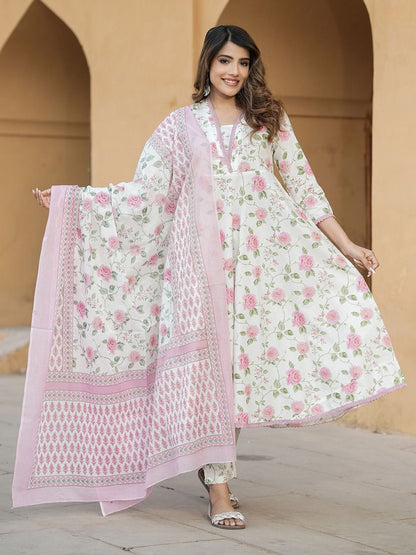 Dhiyona KL Floral Printed Pure Cotton Anarkali Kurta With Trouser And Dupatta
