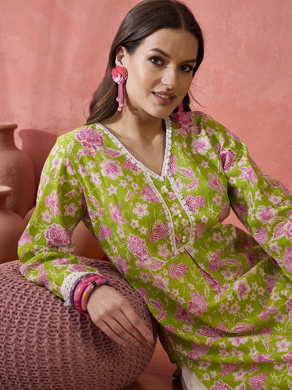 Floral Printed Cotton V-Neck Straight Kurta With Trouser