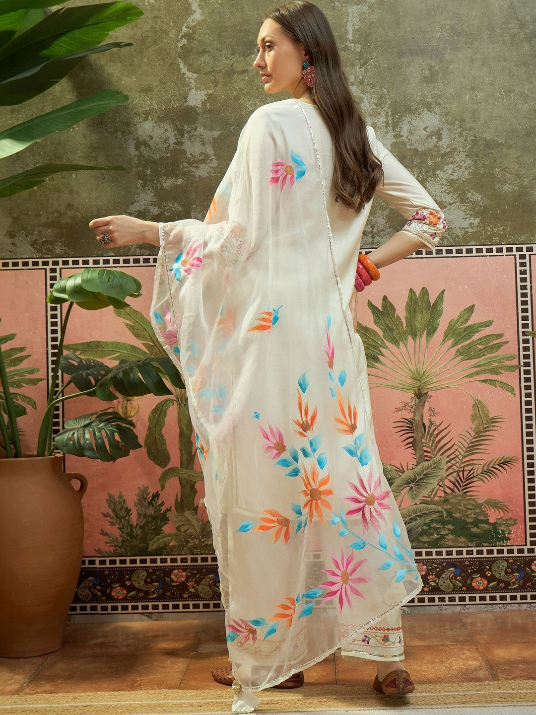 Embroidered Round Neck Kurta & Trousers With Dupatta