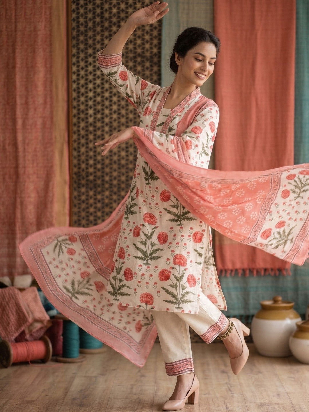 Embroidered Pure Cotton U-Neck Kurta With Palazzos With Dupatta
