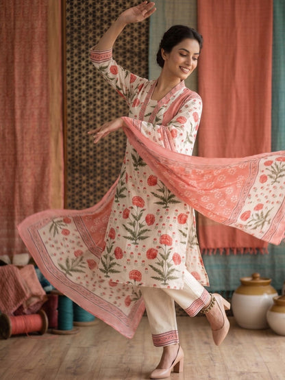Embroidered Pure Cotton U-Neck Kurta With Palazzos With Dupatta