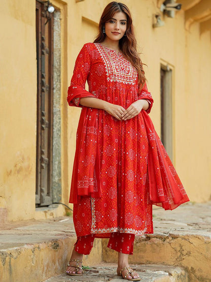 Dhiyona KL Bandhani Printed Thread Work Pure Cotton A-Line Kurta With Trousers & Dupatta