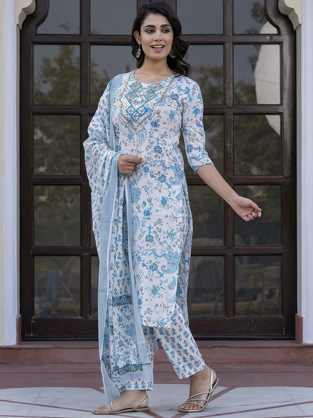 Dhiyona KL Paisley Printed Mirror Work Straight Pure Cotton Kurta With Trousers & Dupatta