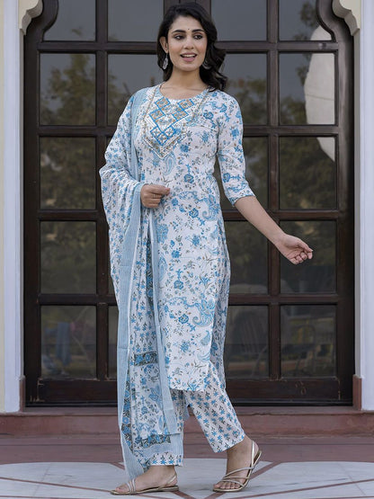 Dhiyona KL Paisley Printed Mirror Work Straight Pure Cotton Kurta With Trousers & Dupatta