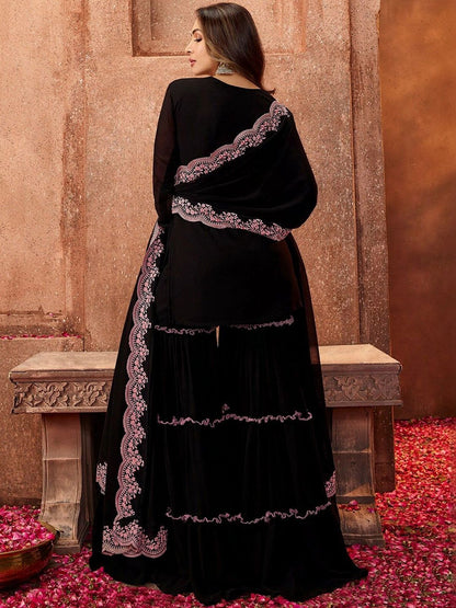 Dhiyona KL Women Ethnic Motifs Embroidered Regular Thread Work Kurta with Sharara & With Dupatta