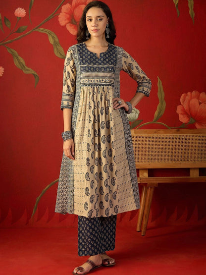 Women Paisley Printed Empire Mirror Work Pure Cotton Kurta with Trousers & With Dupatta