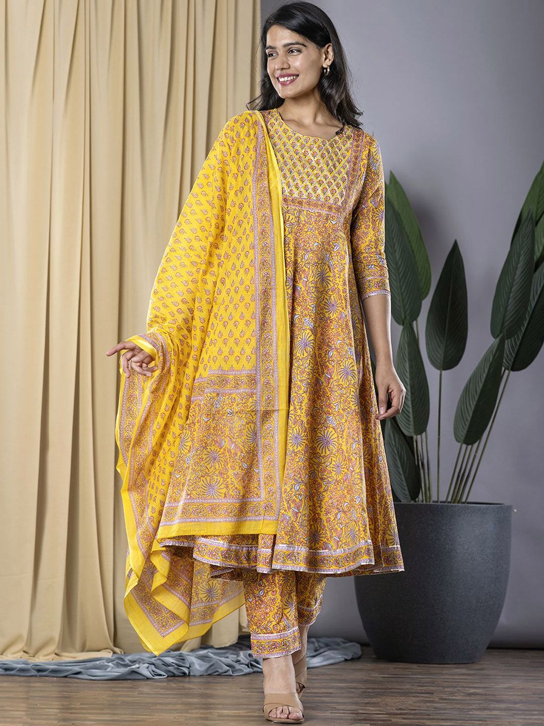 Dhiyona KL Floral Printed Pure Cotton Anarkali Kurta with Trousers & Dupatta