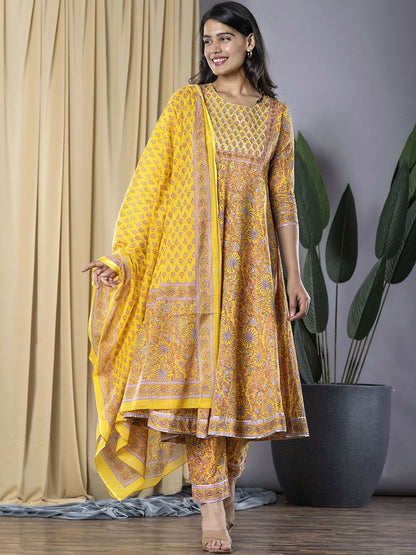 Dhiyona KL Floral Printed Pure Cotton Anarkali Kurta with Trousers & Dupatta