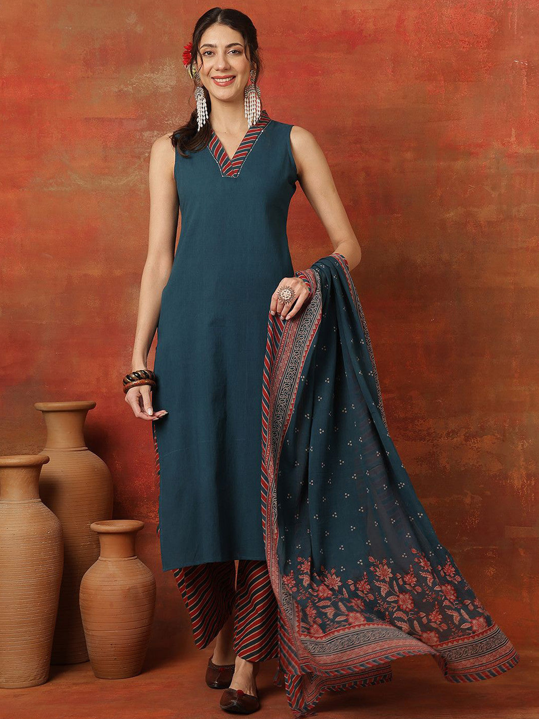 Women V-Neck A-Line Calf Length Kurta & Palazzos With Dupatta