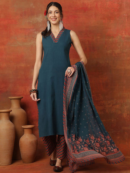 Women V-Neck A-Line Calf Length Kurta & Palazzos With Dupatta