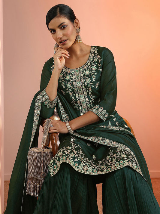 Floral Embroidered Thread Work Round Neck Chinon Kurta With Sharara & Dupatta