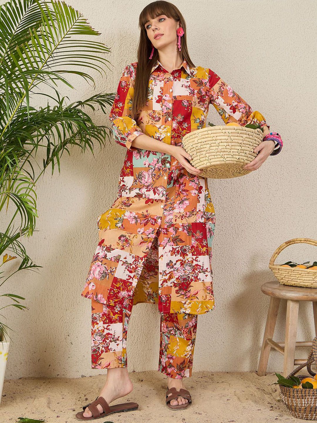 Dhiyona IE Floral Printed Pure Cotton Shirt Collar Tunic With Trousers