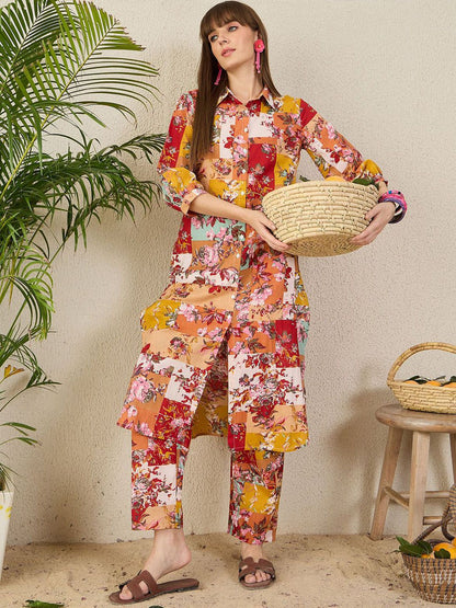 Dhiyona IE Floral Printed Pure Cotton Shirt Collar Tunic With Trousers