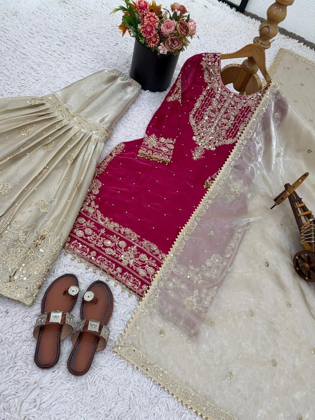Dhiyona KL Women Ethnic Motifs Embroidered Regular Sequinned Kurta with Sharara & With Dupatta