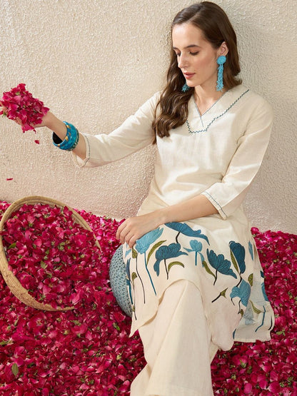 Dhiyona IE Printed V-Neck Three-Quarter Sleeves Pure Cotton Tunic And Trousers