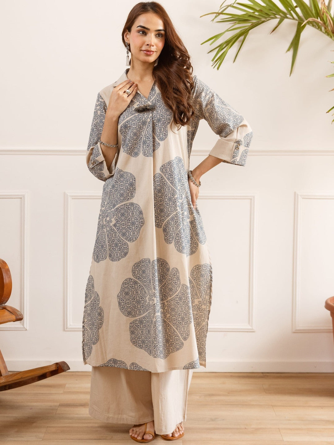 Printed Shirt Collar Kurta & Palazzos Kurta Set
