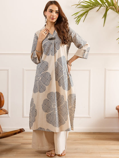 Printed Shirt Collar Kurta & Palazzos Kurta Set