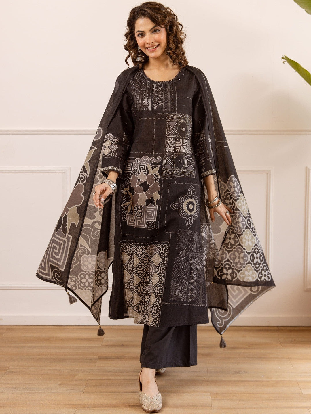 Printed Cotton Round Neck Kurta & Palazzos With Dupatta Kurta Set