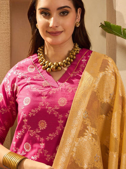 Women Motifs Pashmina Woven Design Gotta Patti Kurta With Trousers & Dupatta