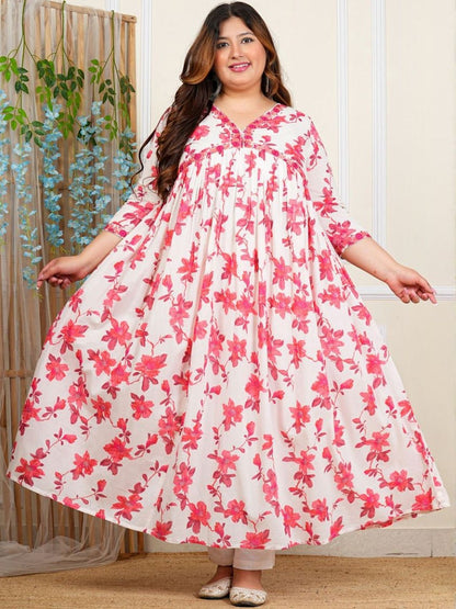 Dhiyona KL Floral Printed V-Neck Empire Pure Cotton Kurta With Trousers & Dupatta