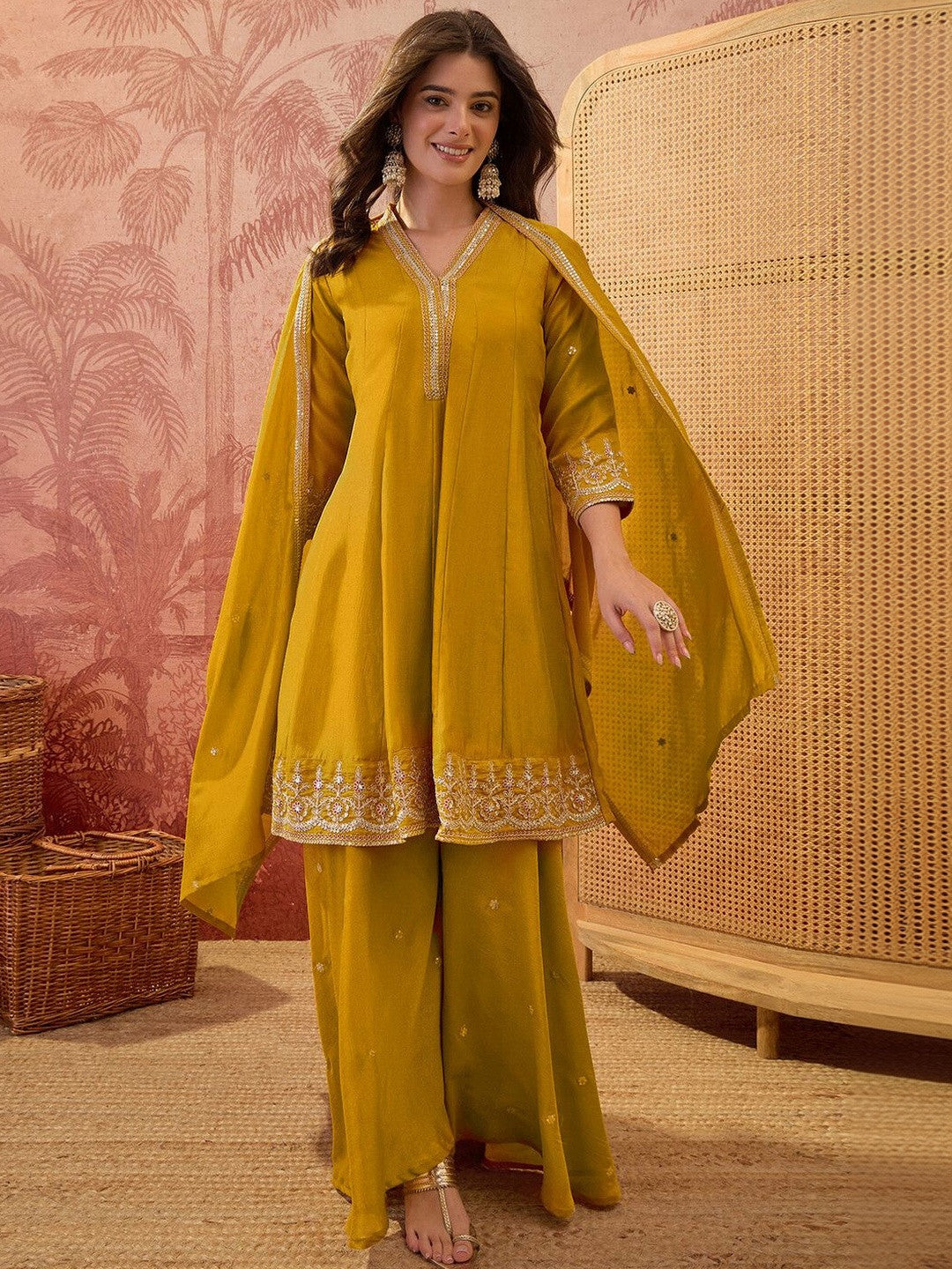 Dhiyona SN Embroidered V-Neck Kurta & Sharara With Dupatta