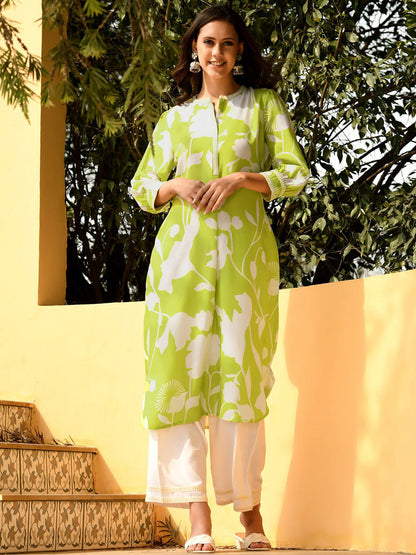 Women Green Poly Rayon digital printed kurta and rayon pant set