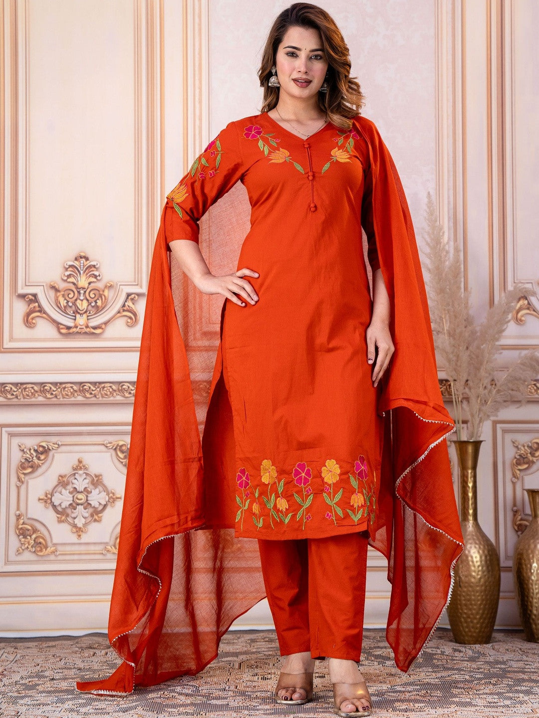 Embroidered Pure Cotton V-Neck Kurta & Trousers With Dupatta