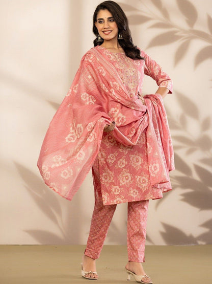 Women Floral Printed Regular Thread Work Pure Cotton Kurta with Trousers & With Dupatta