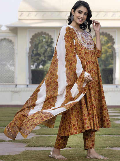 Dhiyona KL Floral Printed Thread Work Pure Cotton Anarkali Kurta With Trouser & Dupatta