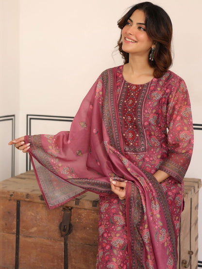 Dhiyona RR Women's Ethnic Motifs Printed Regular Sequinned Chanderi Cotton Kurta with Trousers & With