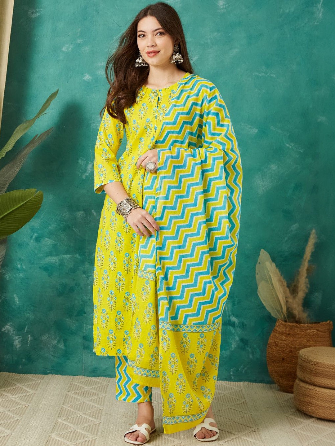 Floral Printed Cotton Round Neck Kurta & Trousers With Dupatta