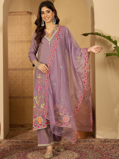 Embroidered V-Neck Kurta & Trousers Kurta Set