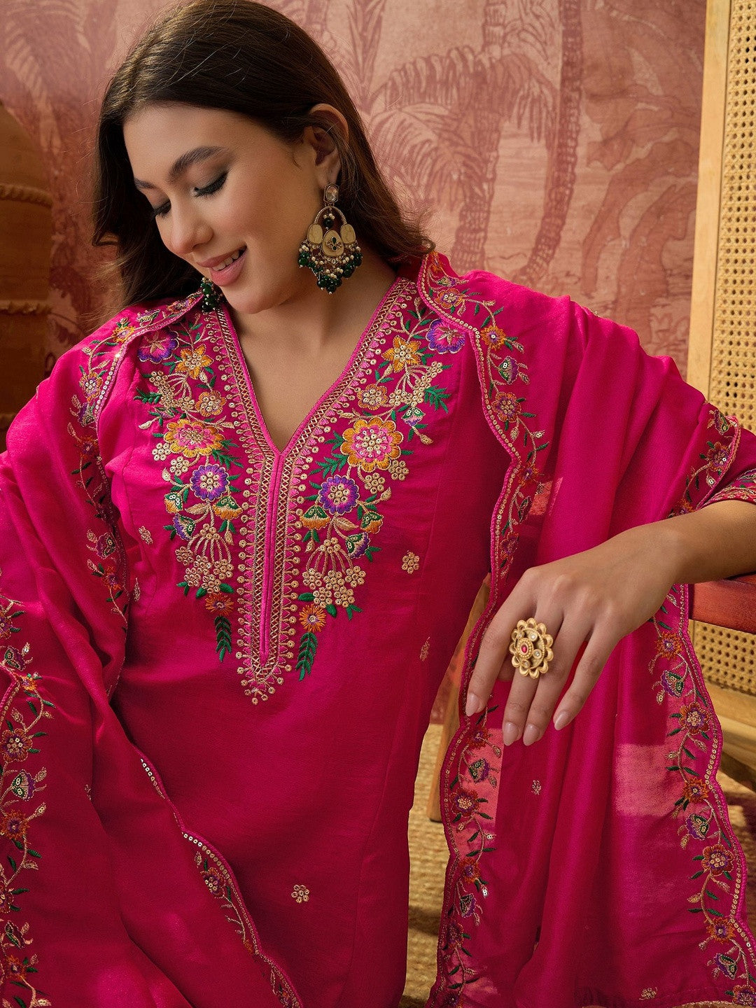 Embroidered V-Neck Kurta & Trousers Kurta Set