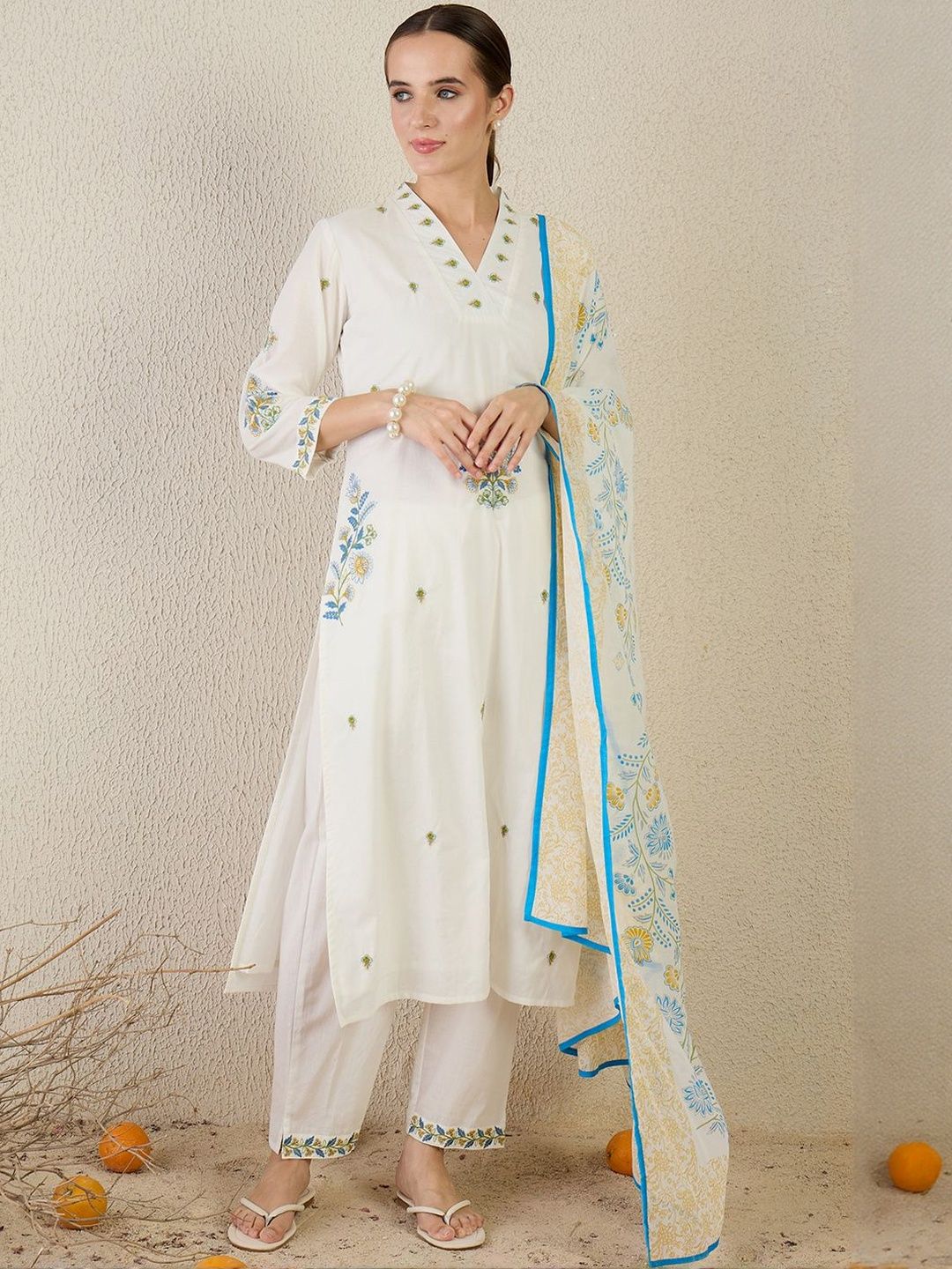 Dhiyona IE Floral Embroidered Thread Work Pure Cotton Kurta With Trouser & Dupatta