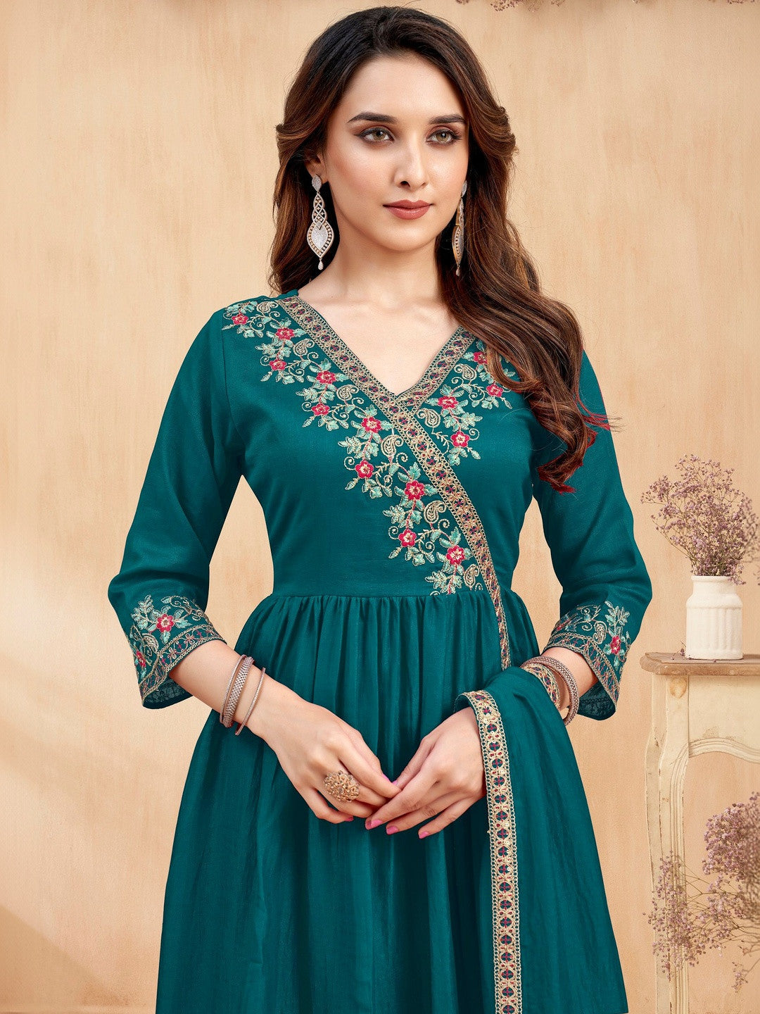 Embroidered V-Neck Kurta Trousers & Dupatta