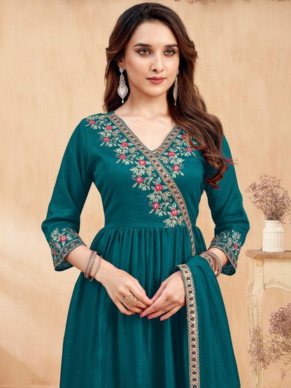 Embroidered V-Neck Kurta Trousers & Dupatta