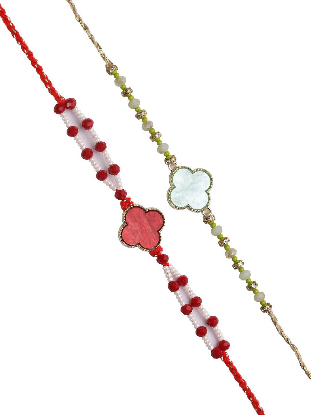 Dhiyona Set Of 2 Red Beaded Rakhi With Roli Rice & Greeting Card