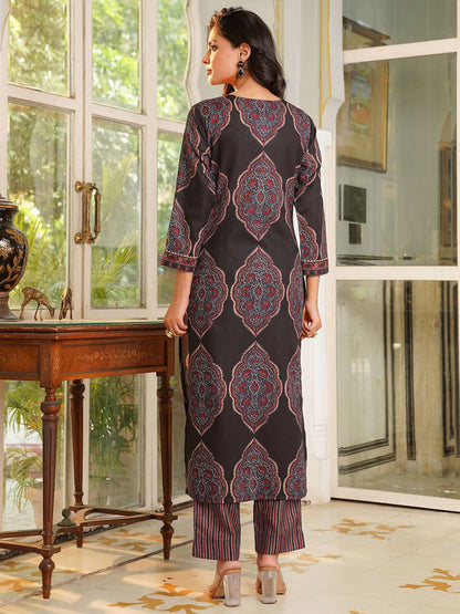 Dhiyona KL Ethnic Motifs Printed V-Neck Straight Kurta With Trousers And Dupatta